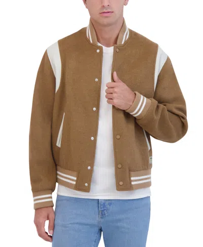 Hudson Men's Varsity Jacket With Faux Leather Trim In Tan