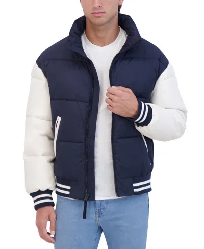 Hudson Men's Varsity Puffer Jacket With Faux Leather Sleeves In Navy