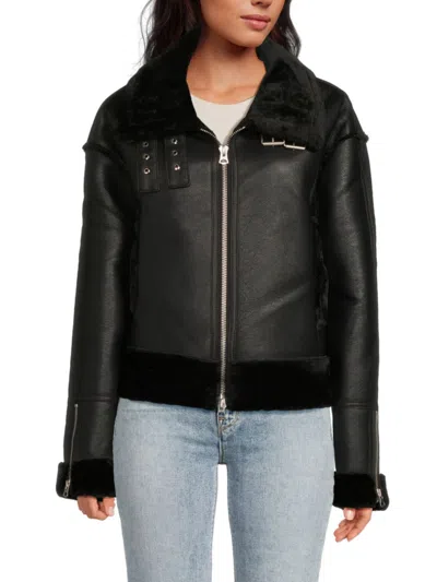 Hudson Women's Faux Fur Trim Faux Leather Jacket In Black