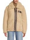 Hudson Jeans Faux Leather & Faux Shearling Zip-up Jacket In Natural