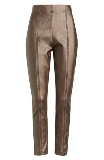 Hue Coated High Waist Cigarette Pants In Brown