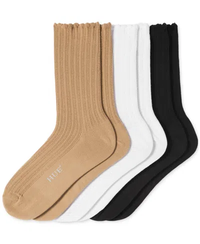 Hue Women's 3-pk. Scalloped Pointelle Crew Socks In White,beige,black