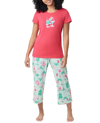 Hue Women's Printed Short-sleeve Capri Pajama Set In Raspberry
