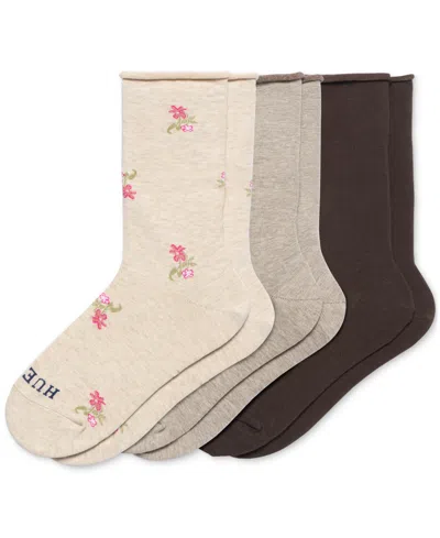 Hue Women's Roll Top Socks 3-pk U6487mp In Oatmeal Ditsy Neutral