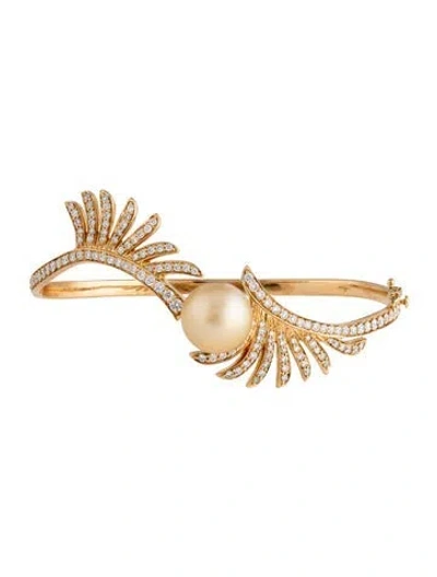 Pre-owned Hueb 18k Pearl & Diamond Apus Bangle Bracelet, 6.5" In Multicolor