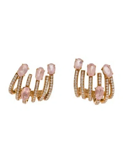 Pre-owned Hueb 18k Rose Quartz & Diamond Spectrum Stud Earrings In Multi