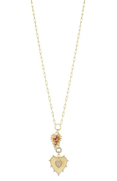 Hueb Penka Heart & Leaf, Diamond & Ruby Pendant Necklace In Gold
