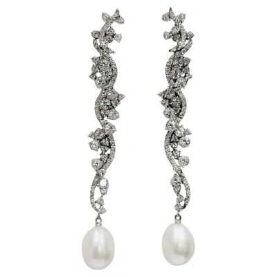 Pre-owned Hueb Signed  18k Diamond & Pearl Art Deco Vine Drop Earrings In Multi