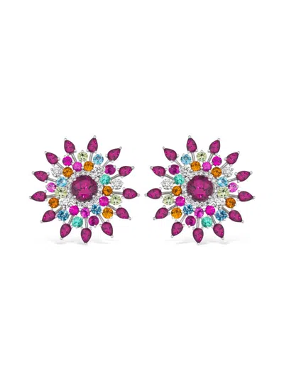 Hueb Women's Amazonia Cocar 18k White Gold Multi-gemstone Flower Stud Earrings In Metallic