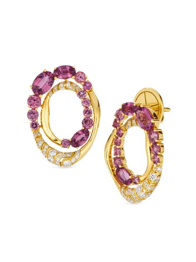 Hueb Women's Dunas 18k Yellow Gold, Pink Garnet & 0.51 Tcw Diamond Front-facing Hoop Earrings