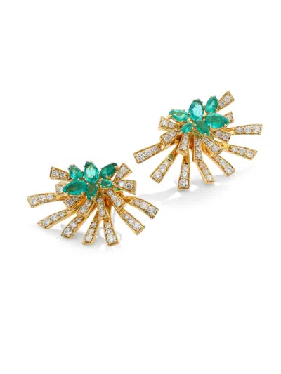 Hueb Women's Mirage Diamond & Green Emerald Stud & Ear Jacket Set In Gold