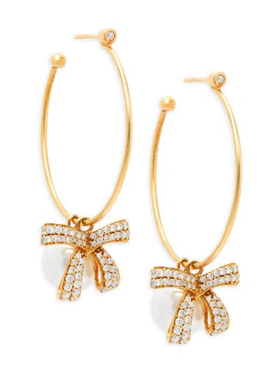 Hueb Women's Romance 18k Yellow Gold, 11mm Freshwater Pearl &diamond Bow Hoop Earrings