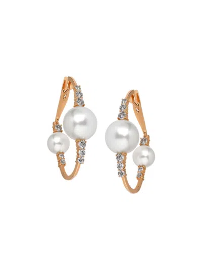 Hueb Women's Spectrum 18k Gold, 6-10mm White Pearl & Diamond Hoop Earrings