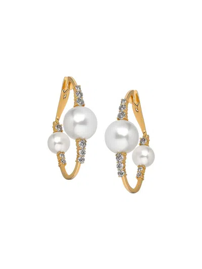 Hueb Women's Spectrum 18k Gold, 6-10mm White Pearl & Diamond Hoop Earrings