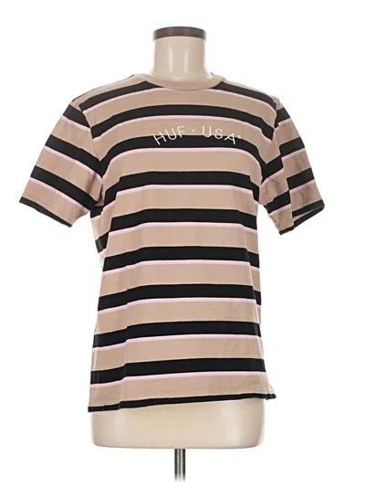 Pre-owned Huf Short Sleeve Top Tan Stripes Pattern Crew Neck Tops