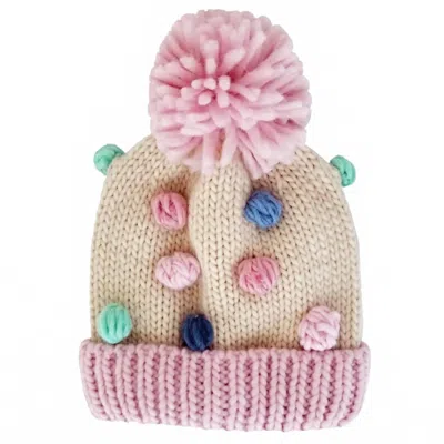 Huggalugs Baby Girls Popcorn And Pompom Hat In Ivory/pink/blue