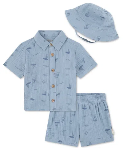 Huggies Baby Boys' Collared Neck Shirt, Shorts And Hat, 3-piece Set In Blue