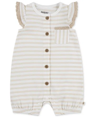 Huggies Baby Girls Cotton Striped Ruffled-sleeve Romper In Beige