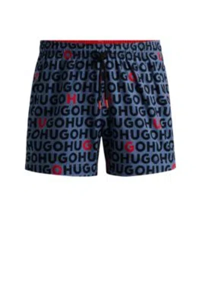 Hugo -material Swim Shorts With Logo Print In Blue