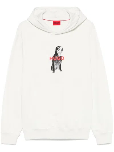 Hugo Boss Animal Graphics-print Cotton Hoodie In 101 Neutrals