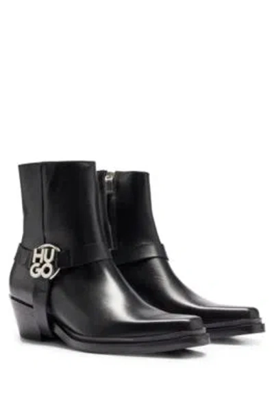 Hugo Boss Ankle Boots In Leather With Metallic Stacked-logo Trim In Black