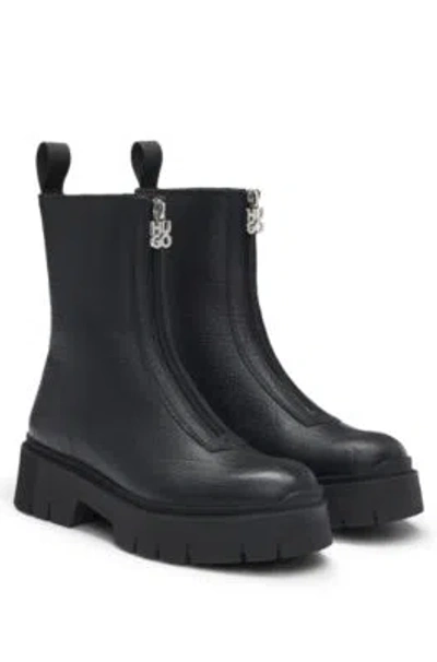 Hugo Ankle Boots In Tumbled Leather With Front Zip In Black