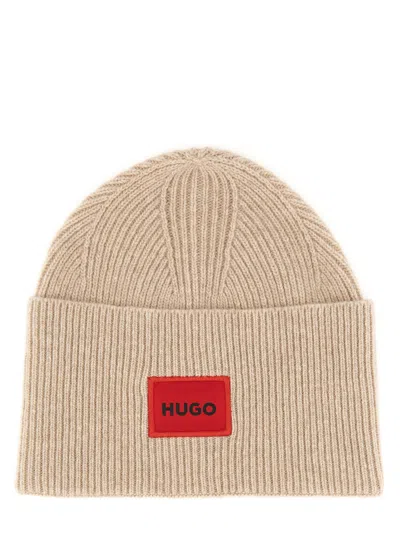 Hugo Boss Beanie Hat With Logo In Beige