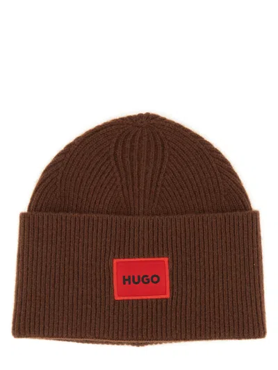 Hugo Beanie Hat With Logo In Brown