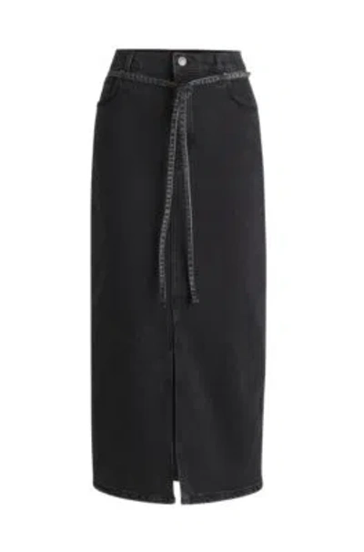 Hugo Boss Belted Maxi Skirt In Salt-and-pepper Stretch Denim In Dark Grey