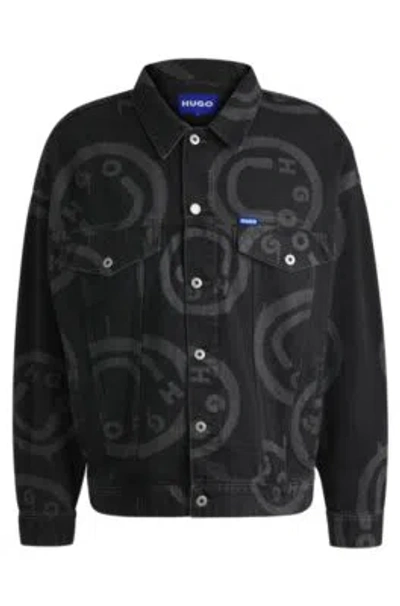 Hugo Boss Relaxed-fit Denim Jacket With Happy Hugo Print In Black