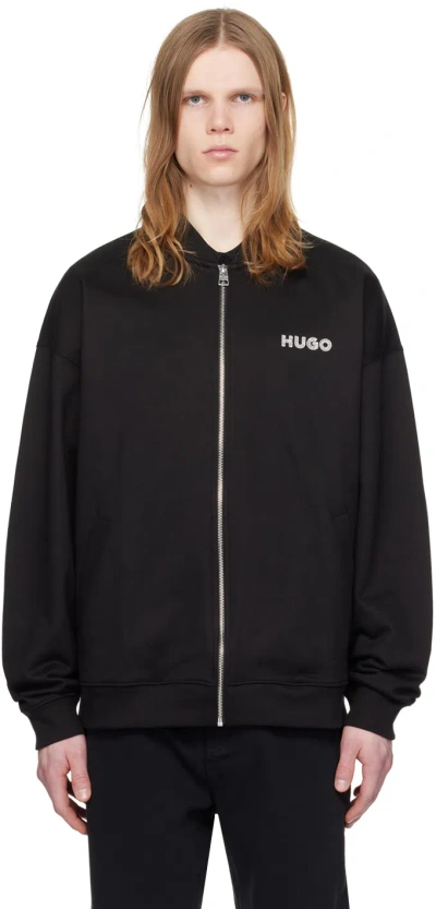 Hugo Black Embroidered Bomber Jacket In 001-black
