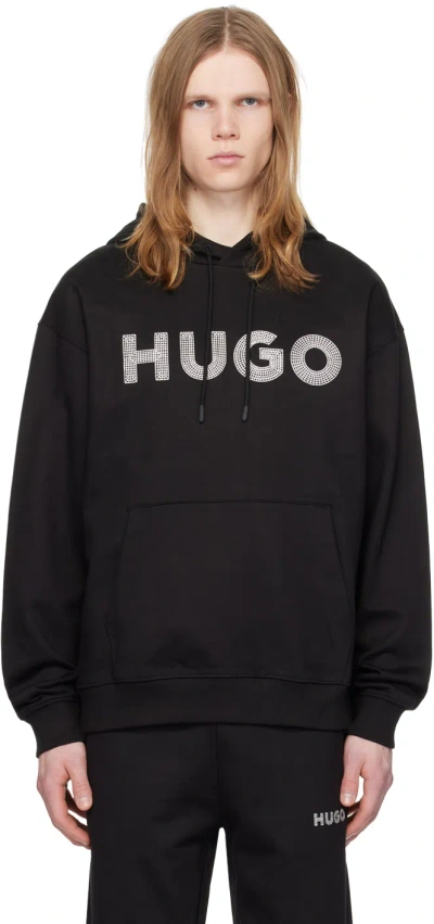 Hugo Black Embroidered Hoodie In 001-black