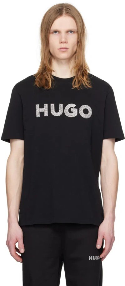 Hugo Black Embroidered T-shirt In 001-black