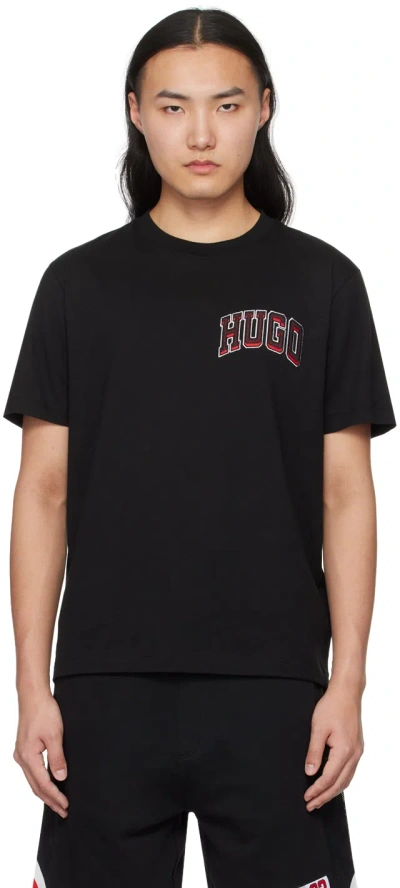 Hugo Black Embroidered T-shirt In 001-black
