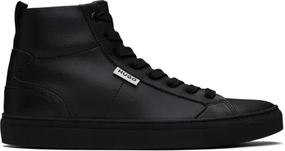 Hugo Black Grained Faux-leather High-top Sneakers In 001-black