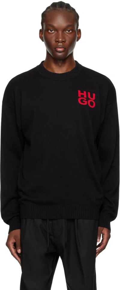 Hugo Black Intarsia Sweater In 001-black