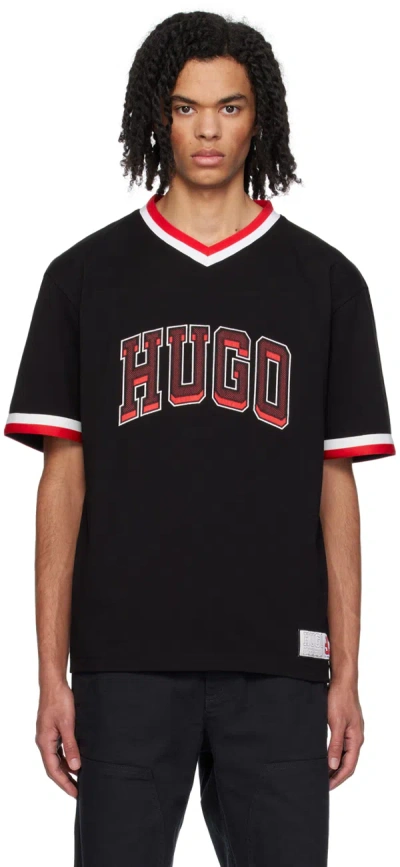 Hugo Cotton-jersey Relaxed-fit T-shirt With Sporty Logo In Black