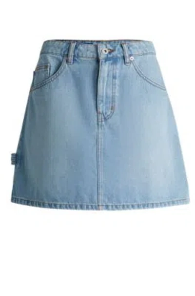 Hugo Boss Blue Mini Skirt In Rigid Denim With Hammer Loop In Turquoise