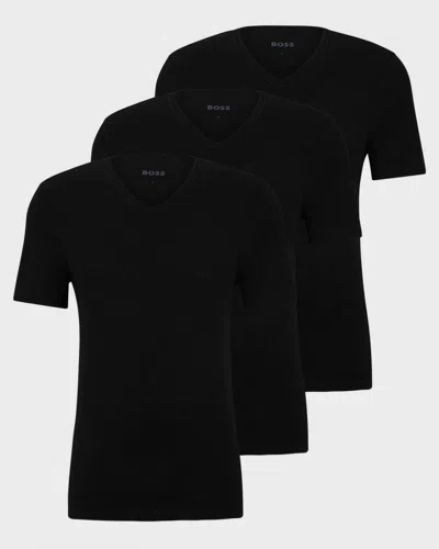 Hugo Boss 3-pack Mens V-neck Underwear T-shirts In Cotton Jersey In Black