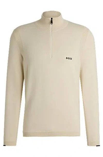 Hugo Boss Cotton-blend Zip-neck Sweater With Logo Print In Nude