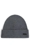 Hugo Boss Fati Medium Grey Ribbed Beanie Hat In Virgin Wool 50495306 030