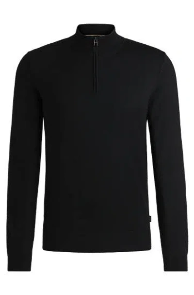 Hugo Boss Regular-fit Zip-neck Sweater In Virgin Wool In Black