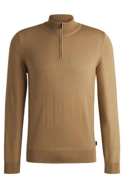 Hugo Boss Regular-fit Zip-neck Sweater In Virgin Wool In Brown