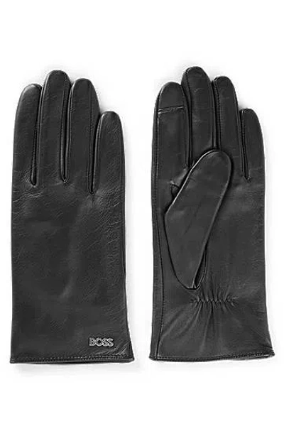 Hugo Boss Womens Black Logo-plaque Leather Gloves
