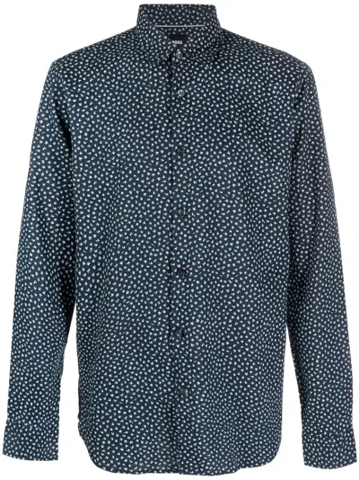 Hugo Boss Abstract-print Linen Shirt In Blau