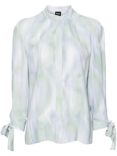 Hugo Boss Abstract-stripes Tied-cuffs Blouse In Blue
