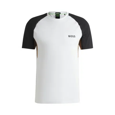 Hugo Boss Active Color-blocked T-shirt In Moisture-wicking Fabric In White