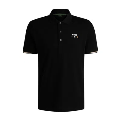 Hugo Boss Active Paddy Mercerized-cotton Polo Shirt With Grid Trims In Black