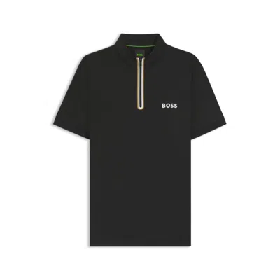 Hugo Boss Active Zip-neck T-shirt In Stretch-mesh Jersey In Black