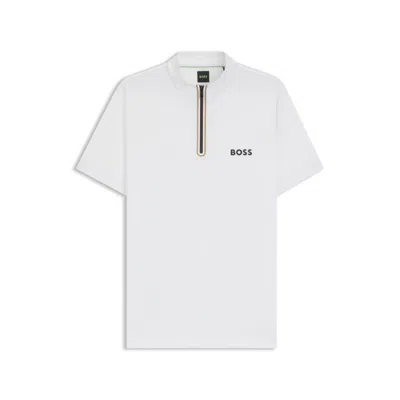 Hugo Boss Active Zip-neck T-shirt In Stretch-mesh Jersey In White